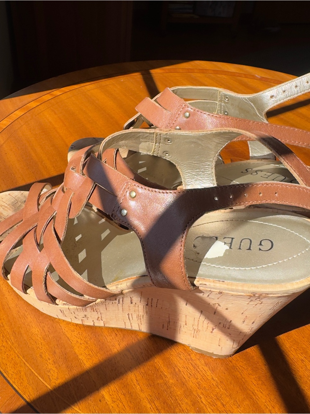 Guess Tan Leather Wedge Sandals
